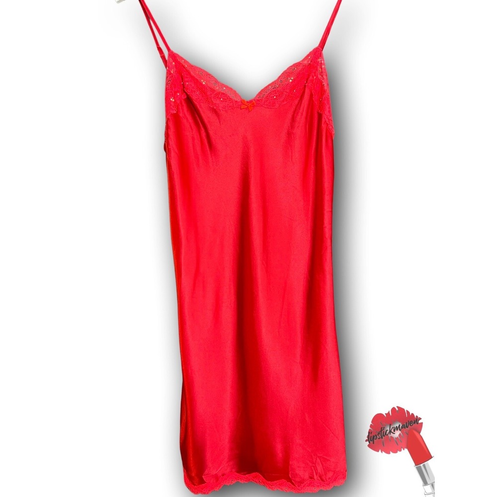 Victorias Secret Slip Dress‎ Women Medium Red Lace Nightgown Lingerie Y2K